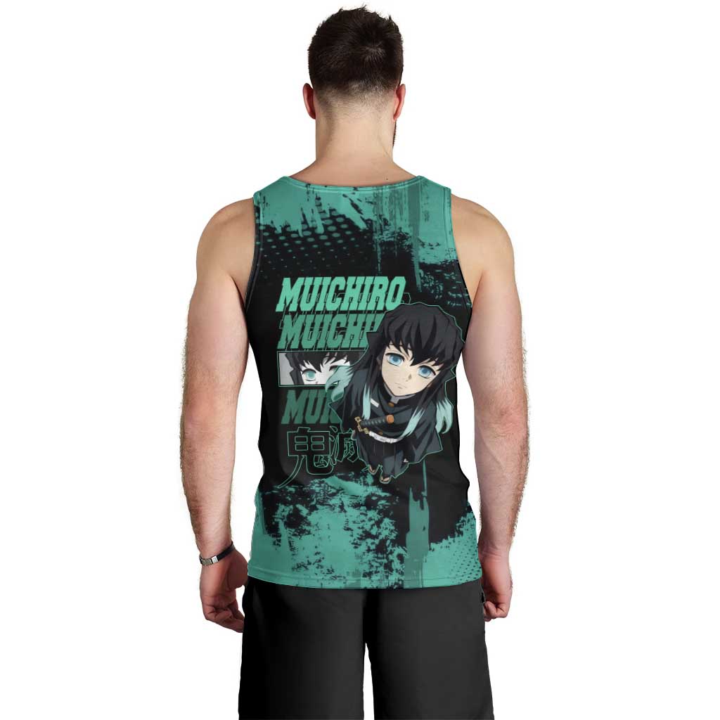 Muichiro Tokito Demon Slayer Green and Black Grunge Style Men Tank Top with Mist Hashira Eyes and Bold Typography - The Mazicc