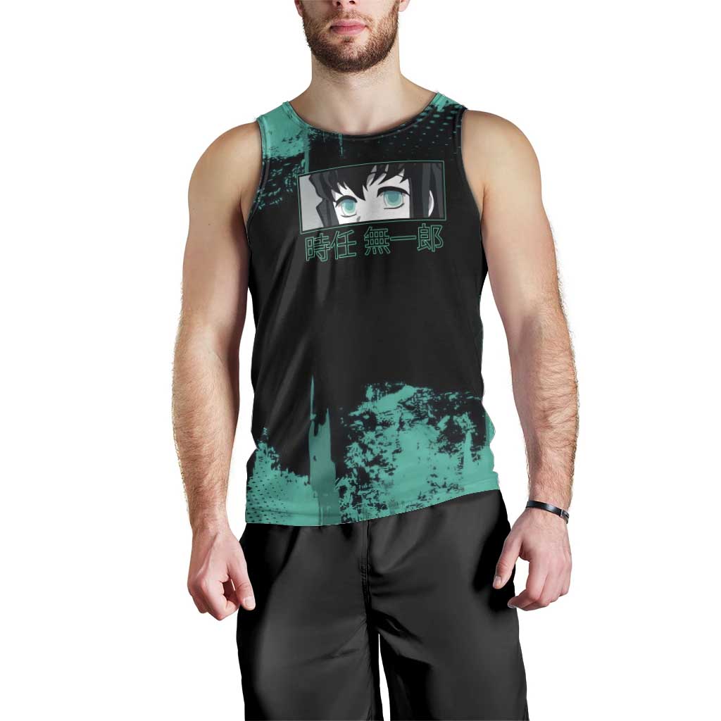 Muichiro Tokito Demon Slayer Green and Black Grunge Style Men Tank Top with Mist Hashira Eyes and Bold Typography - The Mazicc