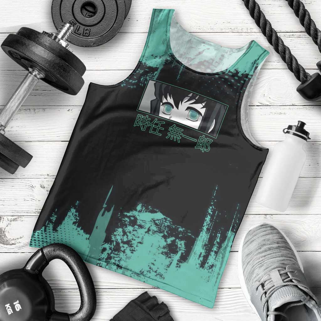 Muichiro Tokito Demon Slayer Green and Black Grunge Style Men Tank Top with Mist Hashira Eyes and Bold Typography - The Mazicc