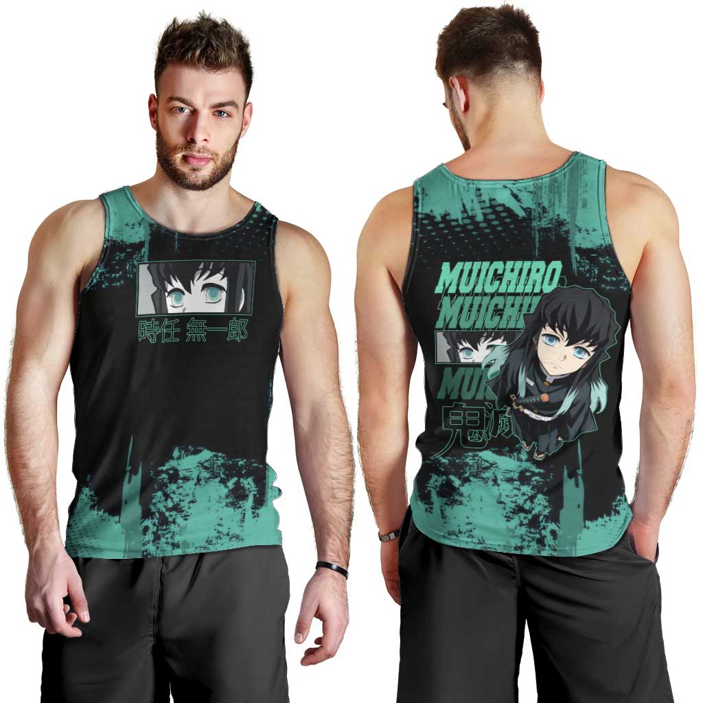 Muichiro Tokito Demon Slayer Green and Black Grunge Style Men Tank Top with Mist Hashira Eyes and Bold Typography - The Mazicc