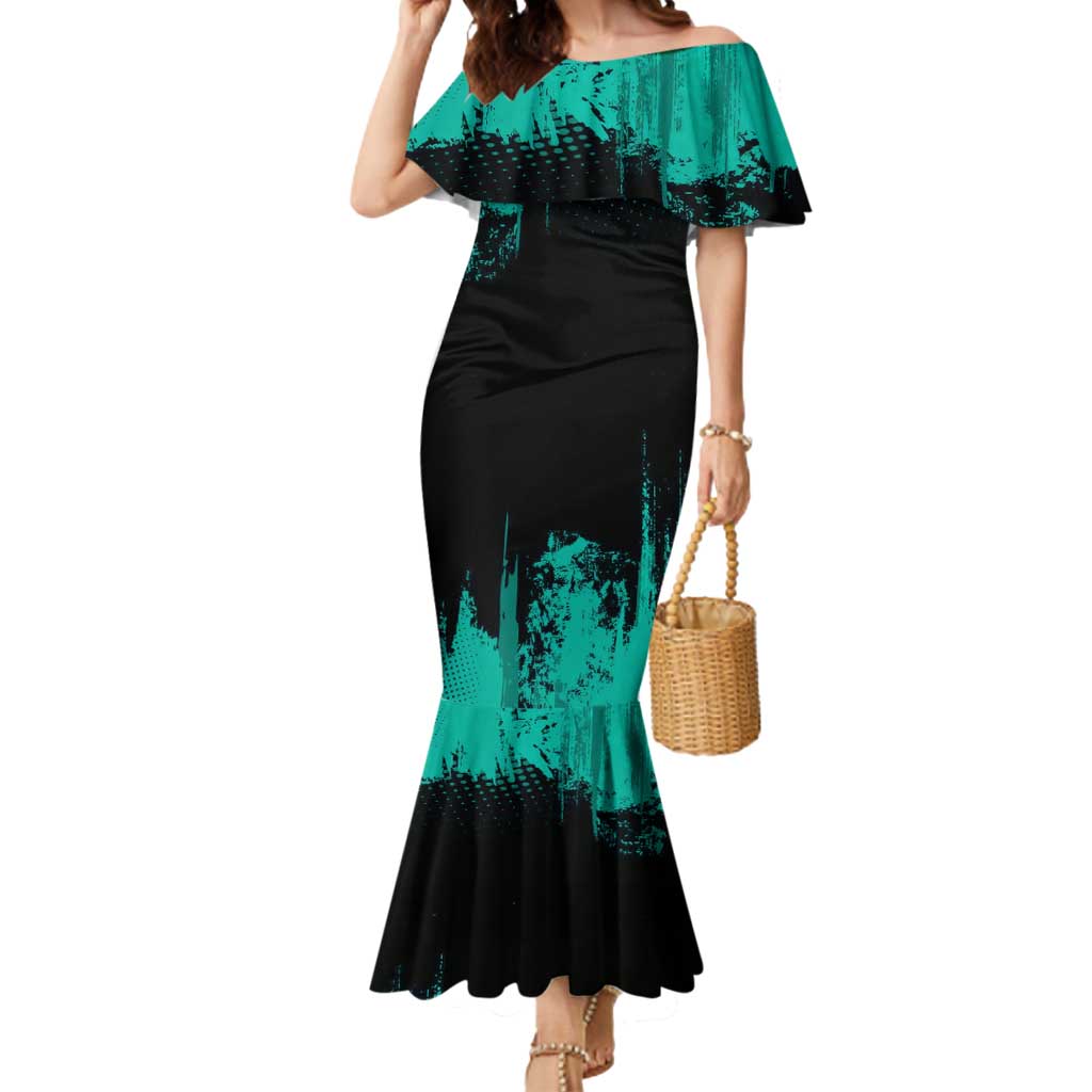 Muichiro Tokito Demon Slayer Green and Black Grunge Style Mermaid Dress with Mist Hashira Eyes and Bold Typography - The Mazicc