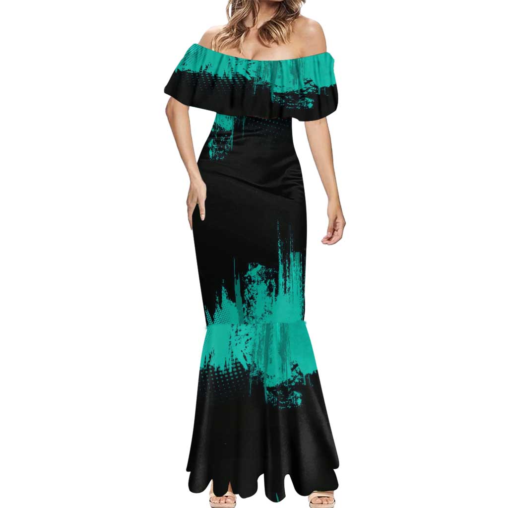 Muichiro Tokito Demon Slayer Green and Black Grunge Style Mermaid Dress with Mist Hashira Eyes and Bold Typography - The Mazicc