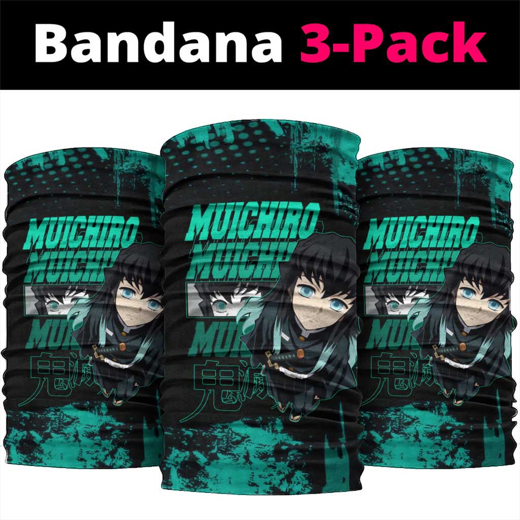 Muichiro Tokito Demon Slayer Green and Black Grunge Style Neck Gaiter with Mist Hashira Eyes and Bold Typography - The Mazicc
