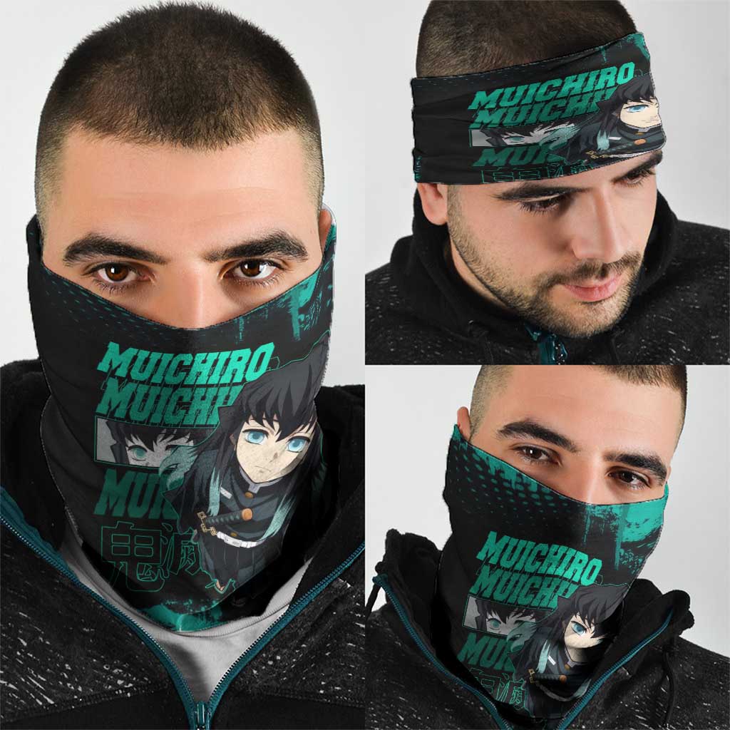Muichiro Tokito Demon Slayer Green and Black Grunge Style Neck Gaiter with Mist Hashira Eyes and Bold Typography - The Mazicc