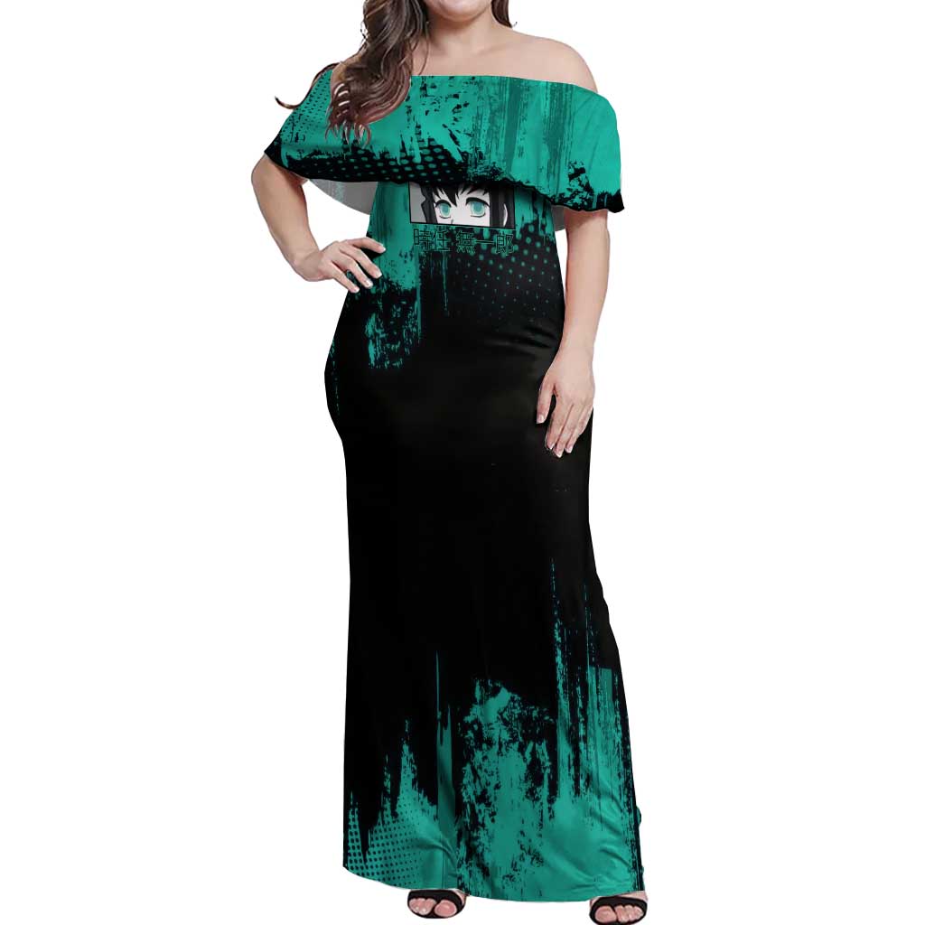 Muichiro Tokito Demon Slayer Green and Black Grunge Style Off Shoulder Maxi Dress with Mist Hashira Eyes and Bold Typography - The Mazicc