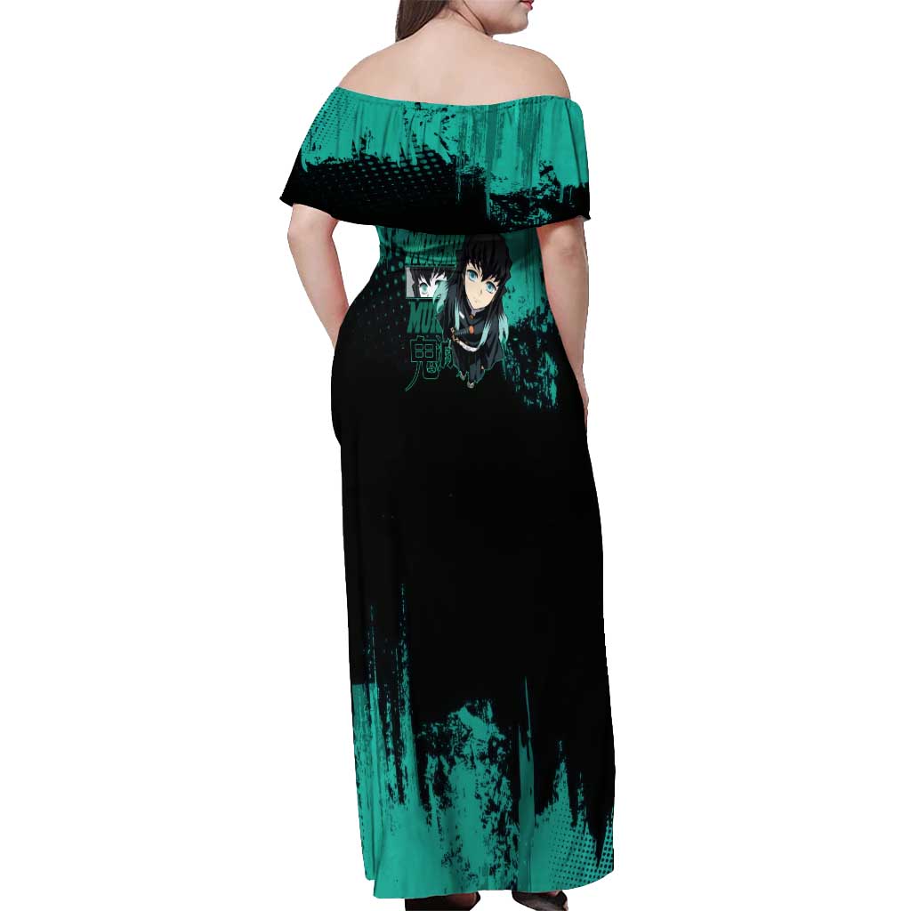 Muichiro Tokito Demon Slayer Green and Black Grunge Style Off Shoulder Maxi Dress with Mist Hashira Eyes and Bold Typography - The Mazicc