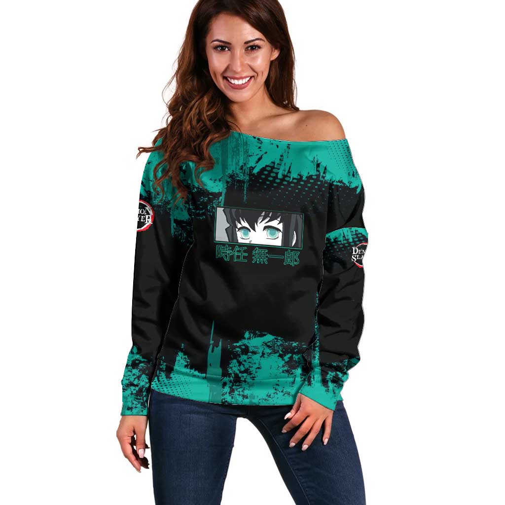 Muichiro Tokito Demon Slayer Green and Black Grunge Style Off Shoulder Sweater with Mist Hashira Eyes and Bold Typography - The Mazicc