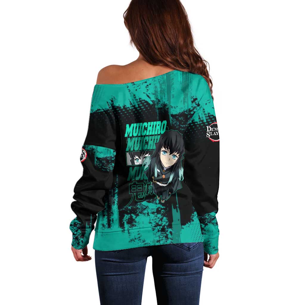 Muichiro Tokito Demon Slayer Green and Black Grunge Style Off Shoulder Sweater with Mist Hashira Eyes and Bold Typography - The Mazicc