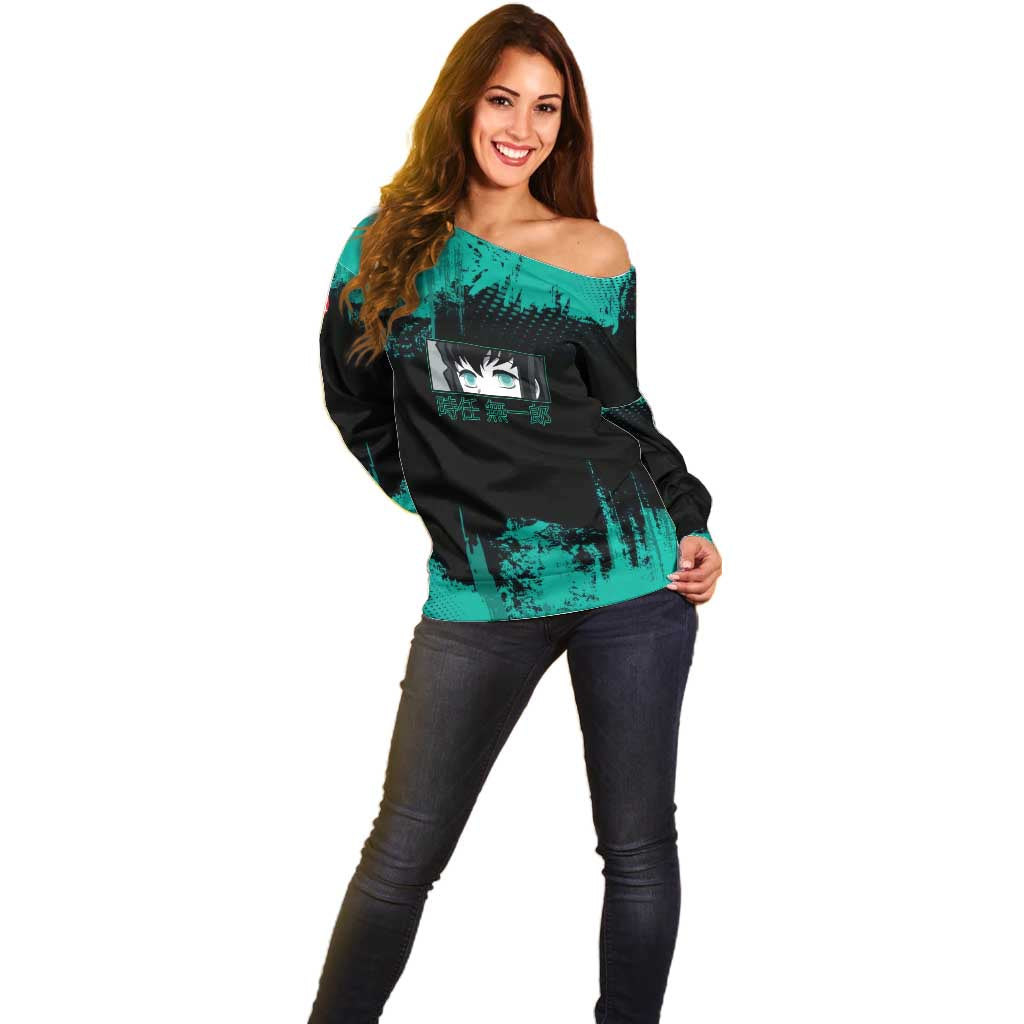 Muichiro Tokito Demon Slayer Green and Black Grunge Style Off Shoulder Sweater with Mist Hashira Eyes and Bold Typography - The Mazicc
