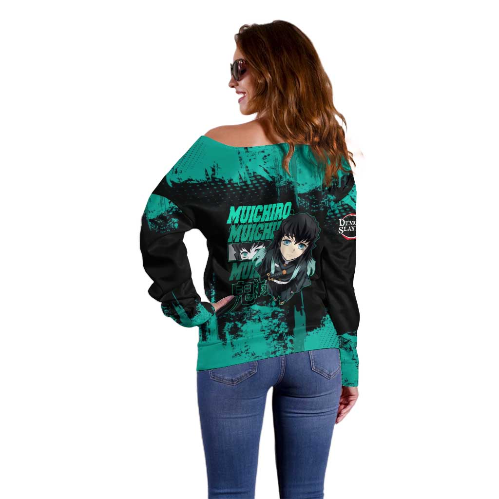 Muichiro Tokito Demon Slayer Green and Black Grunge Style Off Shoulder Sweater with Mist Hashira Eyes and Bold Typography - The Mazicc