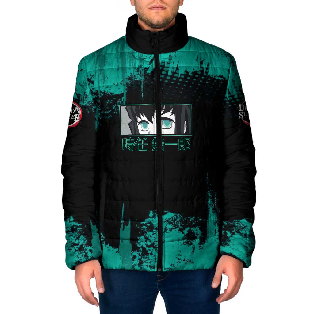 Muichiro Tokito Demon Slayer Green and Black Grunge Style Padded Jacket with Mist Hashira Eyes and Bold Typography - The Mazicc