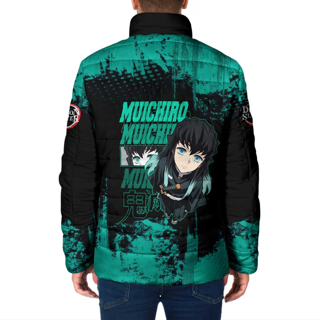 Muichiro Tokito Demon Slayer Green and Black Grunge Style Padded Jacket with Mist Hashira Eyes and Bold Typography - The Mazicc
