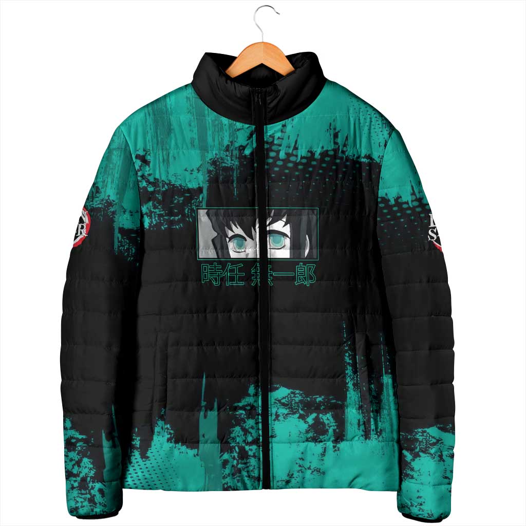 Muichiro Tokito Demon Slayer Green and Black Grunge Style Padded Jacket with Mist Hashira Eyes and Bold Typography - The Mazicc