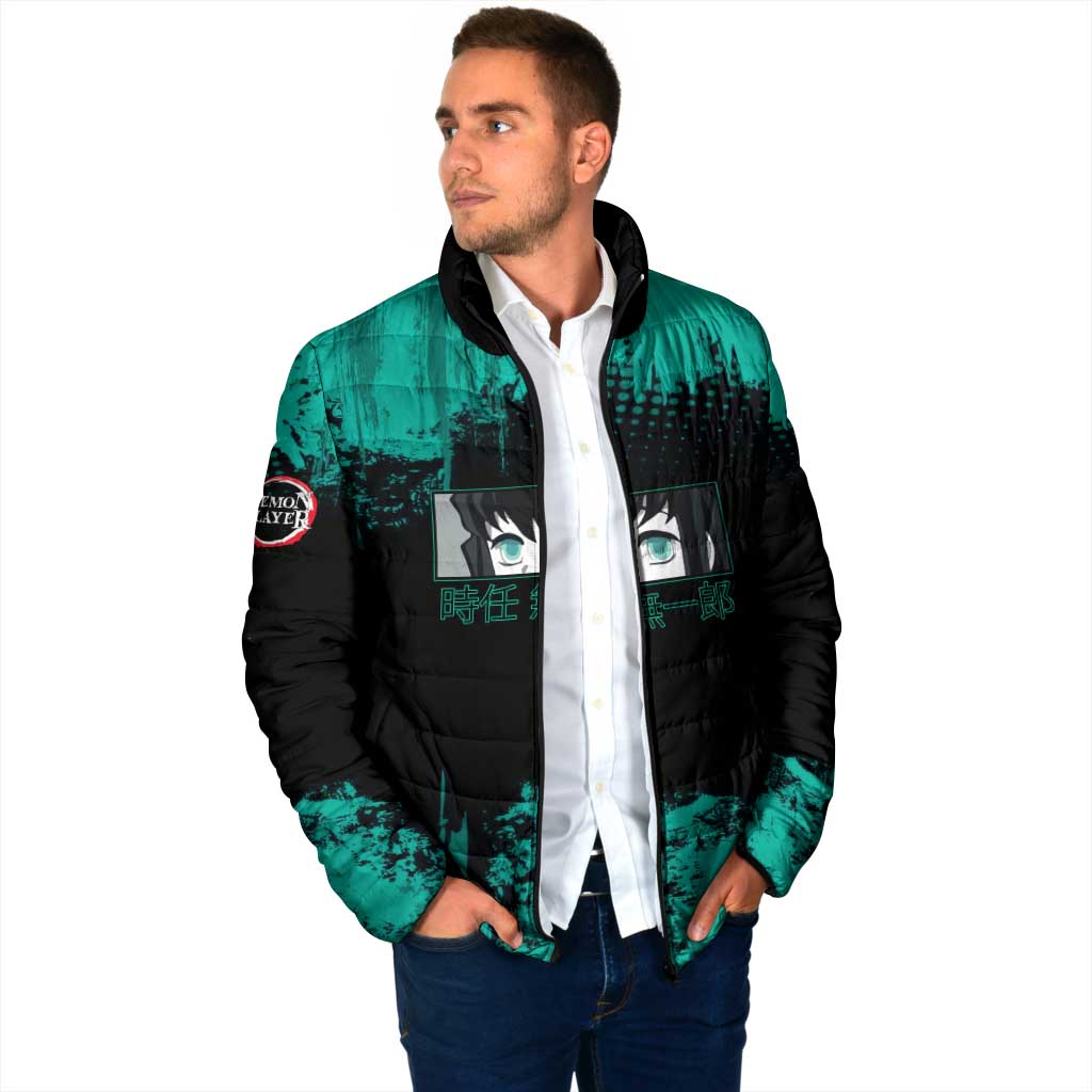 Muichiro Tokito Demon Slayer Green and Black Grunge Style Padded Jacket with Mist Hashira Eyes and Bold Typography - The Mazicc