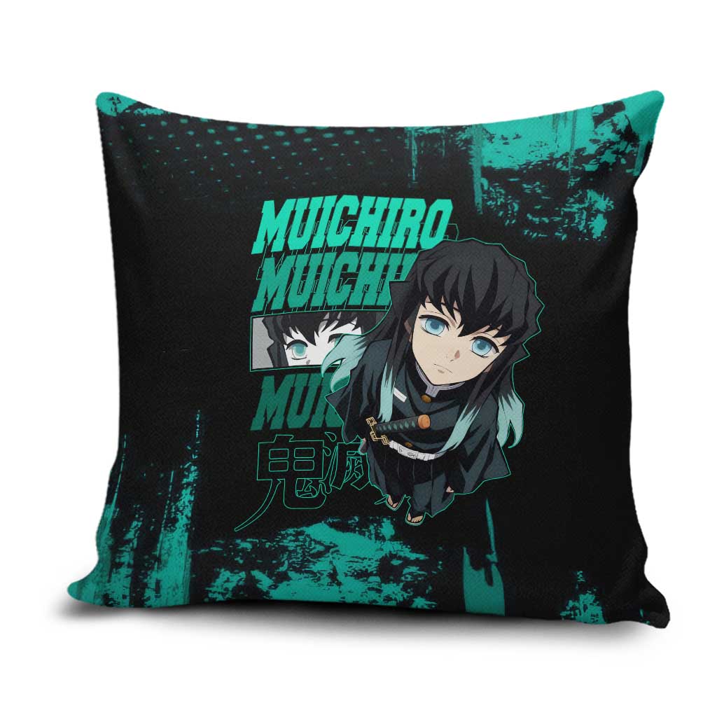 Muichiro Tokito Demon Slayer Green and Black Grunge Style Pillow Cover with Mist Hashira Eyes and Bold Typography - The Mazicc