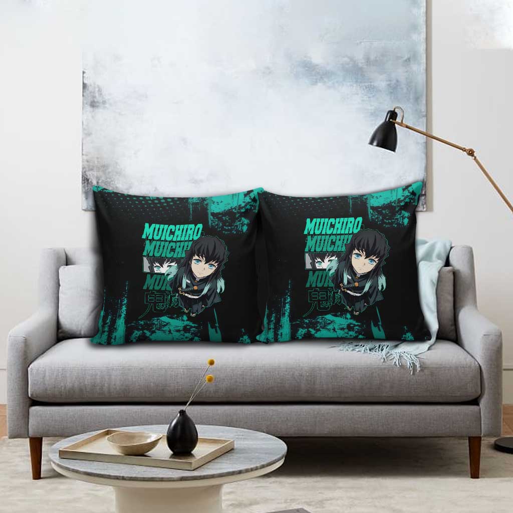 Muichiro Tokito Demon Slayer Green and Black Grunge Style Pillow Cover with Mist Hashira Eyes and Bold Typography - The Mazicc