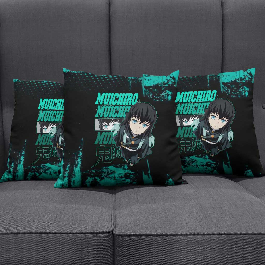 Muichiro Tokito Demon Slayer Green and Black Grunge Style Pillow Cover with Mist Hashira Eyes and Bold Typography - The Mazicc