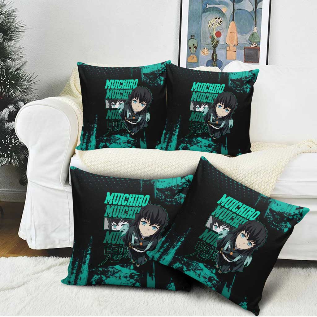 Muichiro Tokito Demon Slayer Green and Black Grunge Style Pillow Cover with Mist Hashira Eyes and Bold Typography - The Mazicc