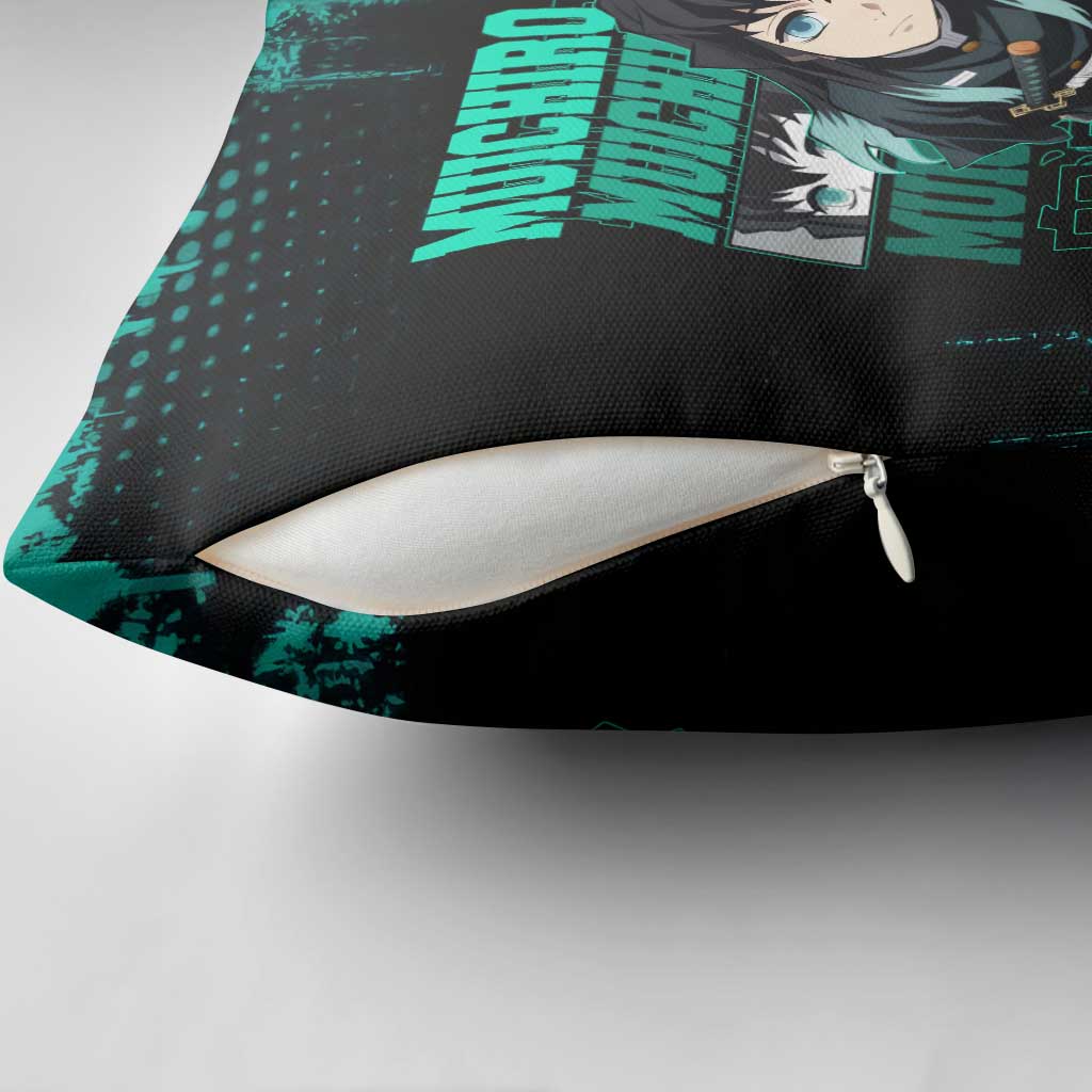 Muichiro Tokito Demon Slayer Green and Black Grunge Style Pillow Cover with Mist Hashira Eyes and Bold Typography - The Mazicc