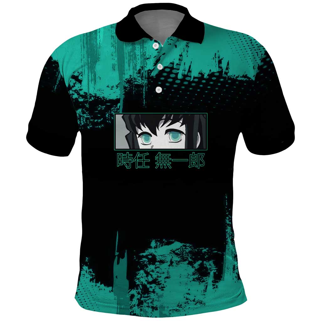 Muichiro Tokito Demon Slayer Green and Black Grunge Style Polo Shirt with Mist Hashira Eyes and Bold Typography - The Mazicc