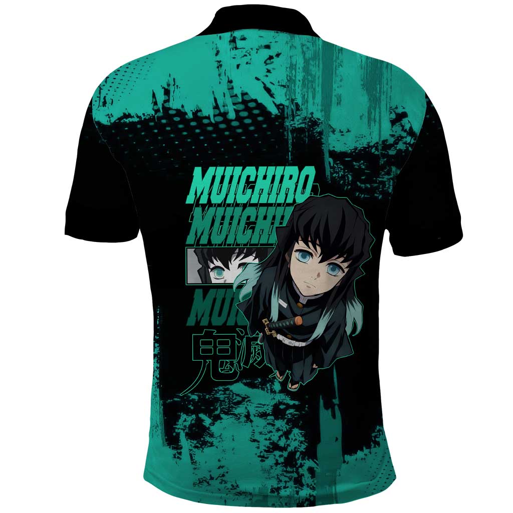 Muichiro Tokito Demon Slayer Green and Black Grunge Style Polo Shirt with Mist Hashira Eyes and Bold Typography - The Mazicc