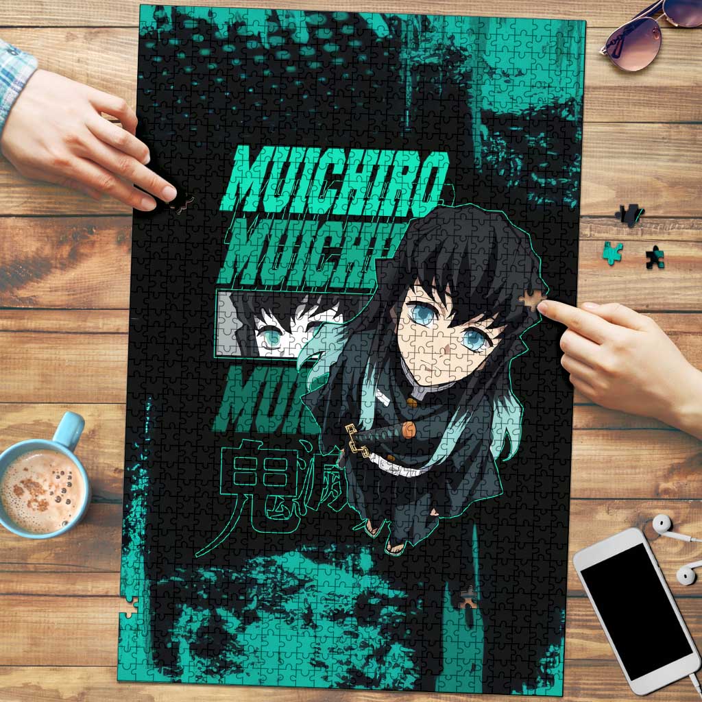 Muichiro Tokito Demon Slayer Green and Black Grunge Style Puzzle with Mist Hashira Eyes and Bold Typography - The Mazicc