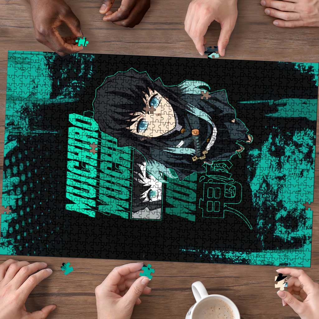 Muichiro Tokito Demon Slayer Green and Black Grunge Style Puzzle with Mist Hashira Eyes and Bold Typography - The Mazicc