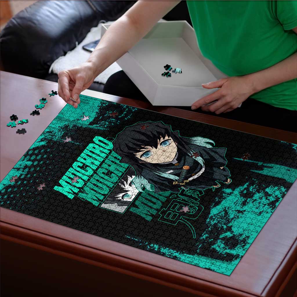 Muichiro Tokito Demon Slayer Green and Black Grunge Style Puzzle with Mist Hashira Eyes and Bold Typography - The Mazicc