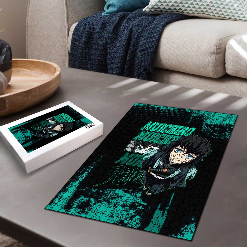 Muichiro Tokito Demon Slayer Green and Black Grunge Style Puzzle with Mist Hashira Eyes and Bold Typography - The Mazicc