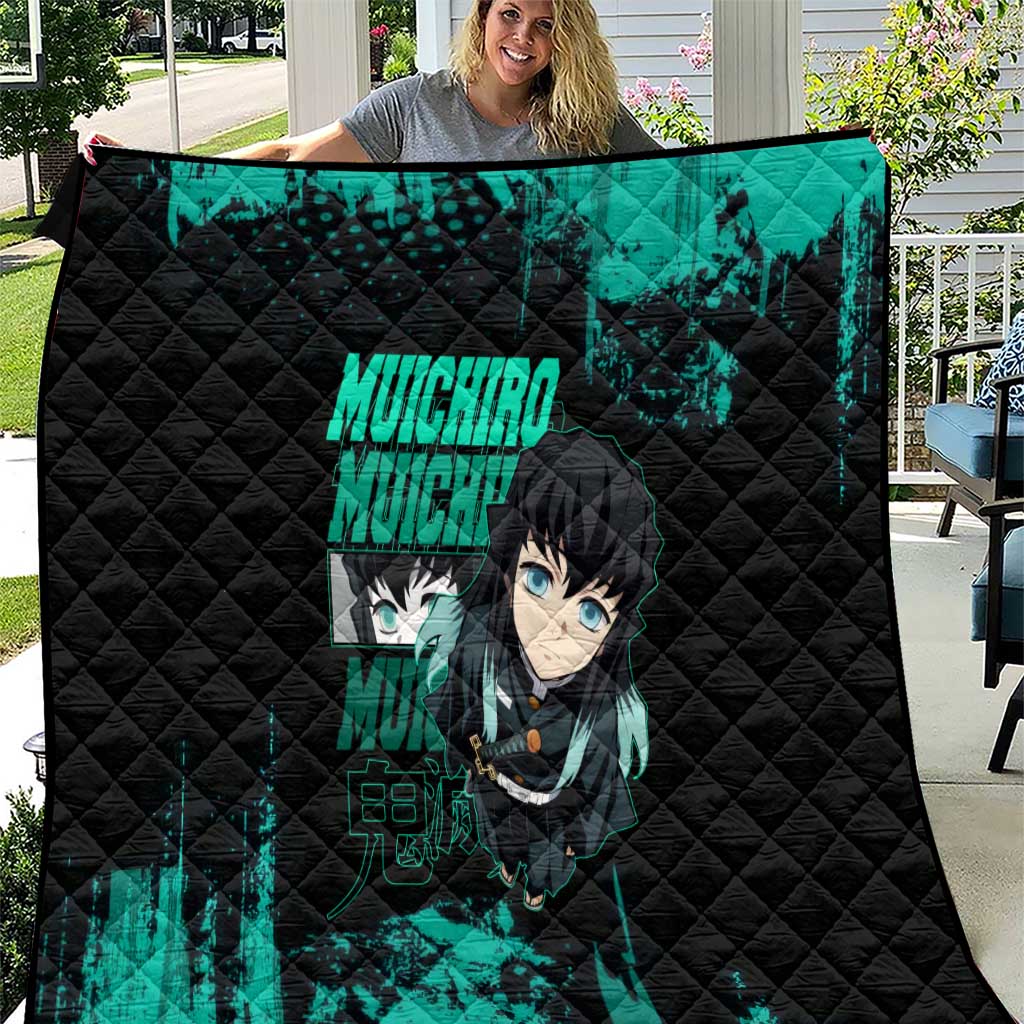Muichiro Tokito Demon Slayer Green and Black Grunge Style Quilt with Mist Hashira Eyes and Bold Typography - The Mazicc