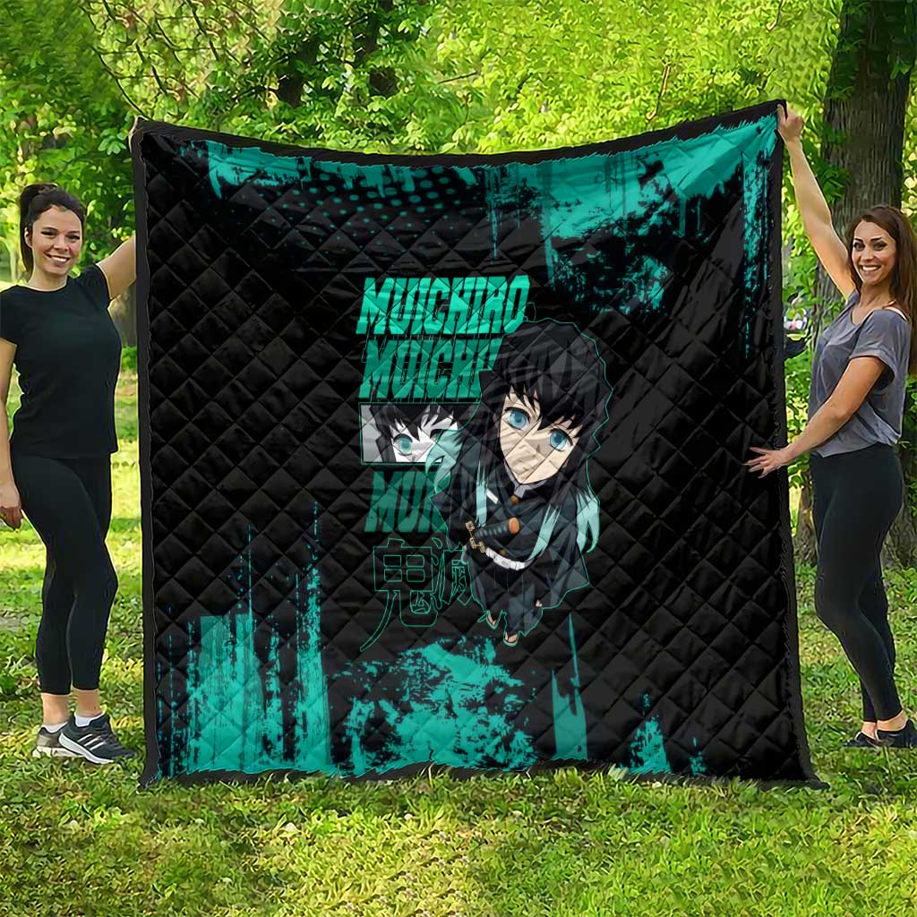 Muichiro Tokito Demon Slayer Green and Black Grunge Style Quilt with Mist Hashira Eyes and Bold Typography - The Mazicc