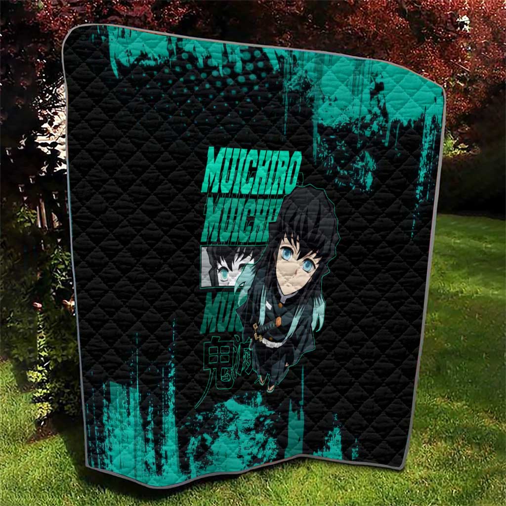 Muichiro Tokito Demon Slayer Green and Black Grunge Style Quilt with Mist Hashira Eyes and Bold Typography - The Mazicc