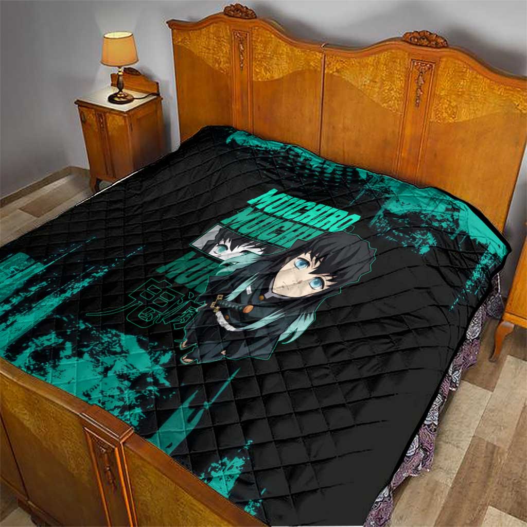Muichiro Tokito Demon Slayer Green and Black Grunge Style Quilt with Mist Hashira Eyes and Bold Typography - The Mazicc