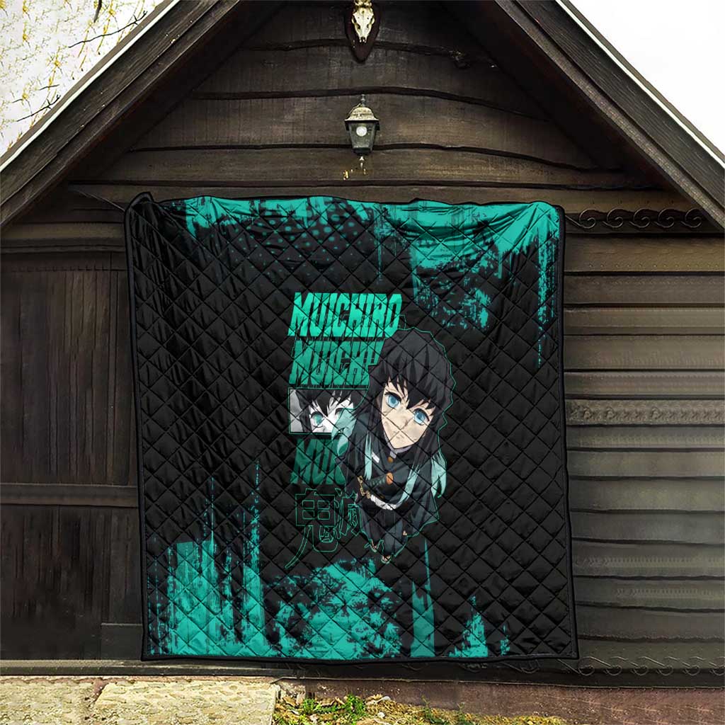 Muichiro Tokito Demon Slayer Green and Black Grunge Style Quilt with Mist Hashira Eyes and Bold Typography - The Mazicc
