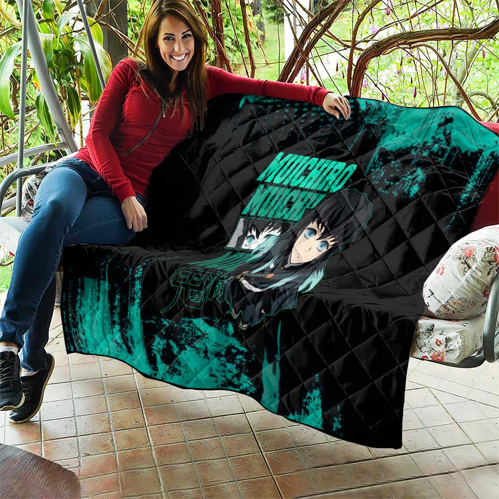 Muichiro Tokito Demon Slayer Green and Black Grunge Style Quilt with Mist Hashira Eyes and Bold Typography - The Mazicc