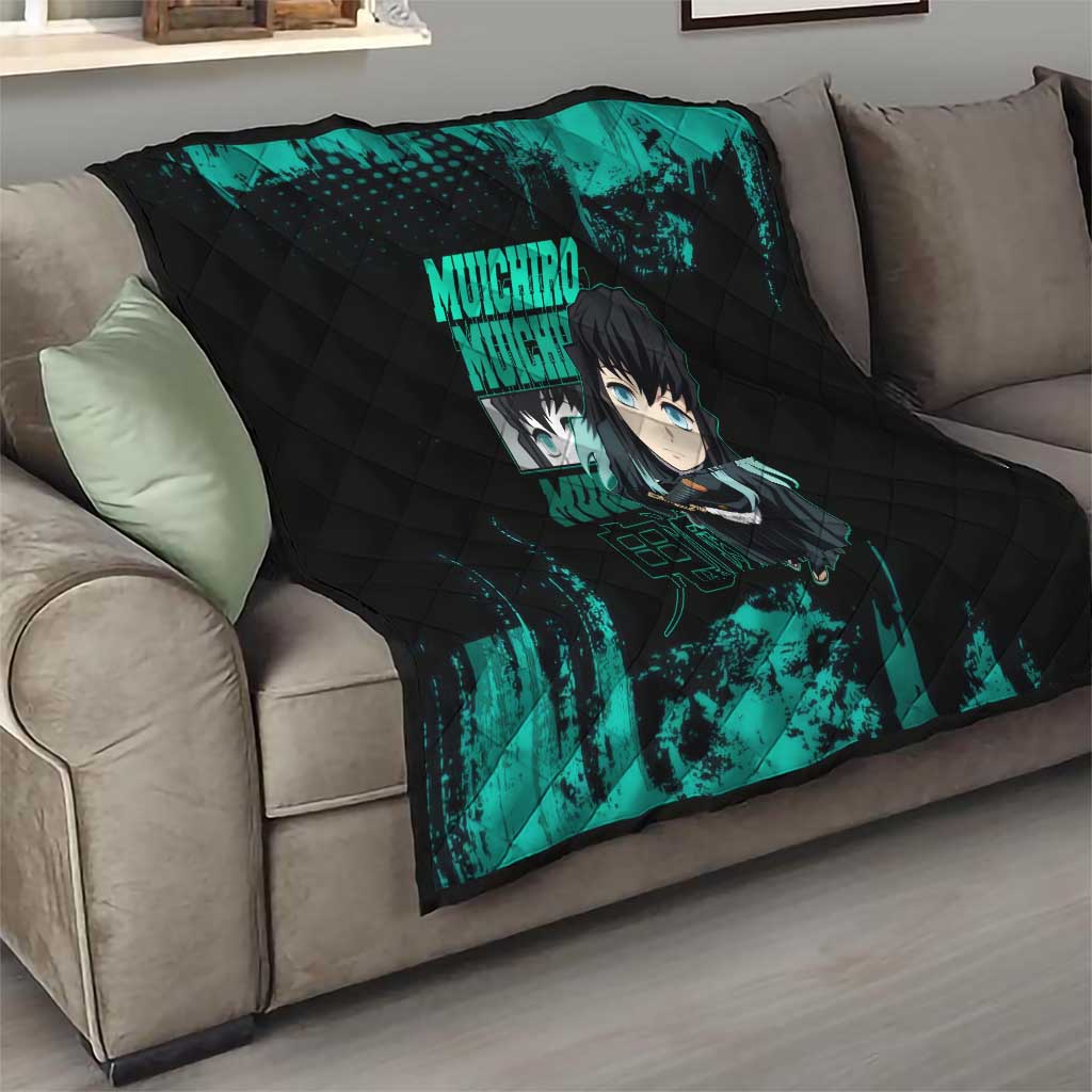 Muichiro Tokito Demon Slayer Green and Black Grunge Style Quilt with Mist Hashira Eyes and Bold Typography - The Mazicc
