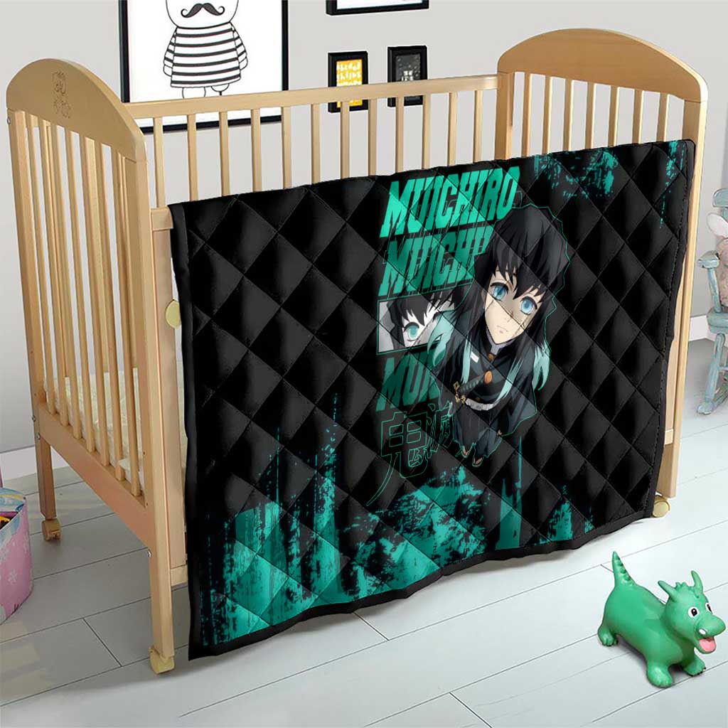 Muichiro Tokito Demon Slayer Green and Black Grunge Style Quilt with Mist Hashira Eyes and Bold Typography - The Mazicc