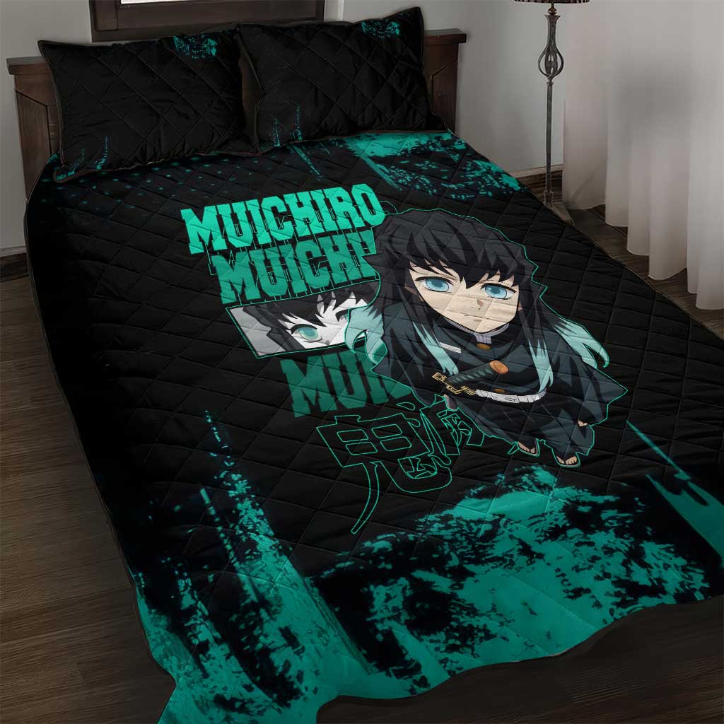 Muichiro Tokito Demon Slayer Green and Black Grunge Style Quilt Bed Set with Mist Hashira Eyes and Bold Typography - The Mazicc