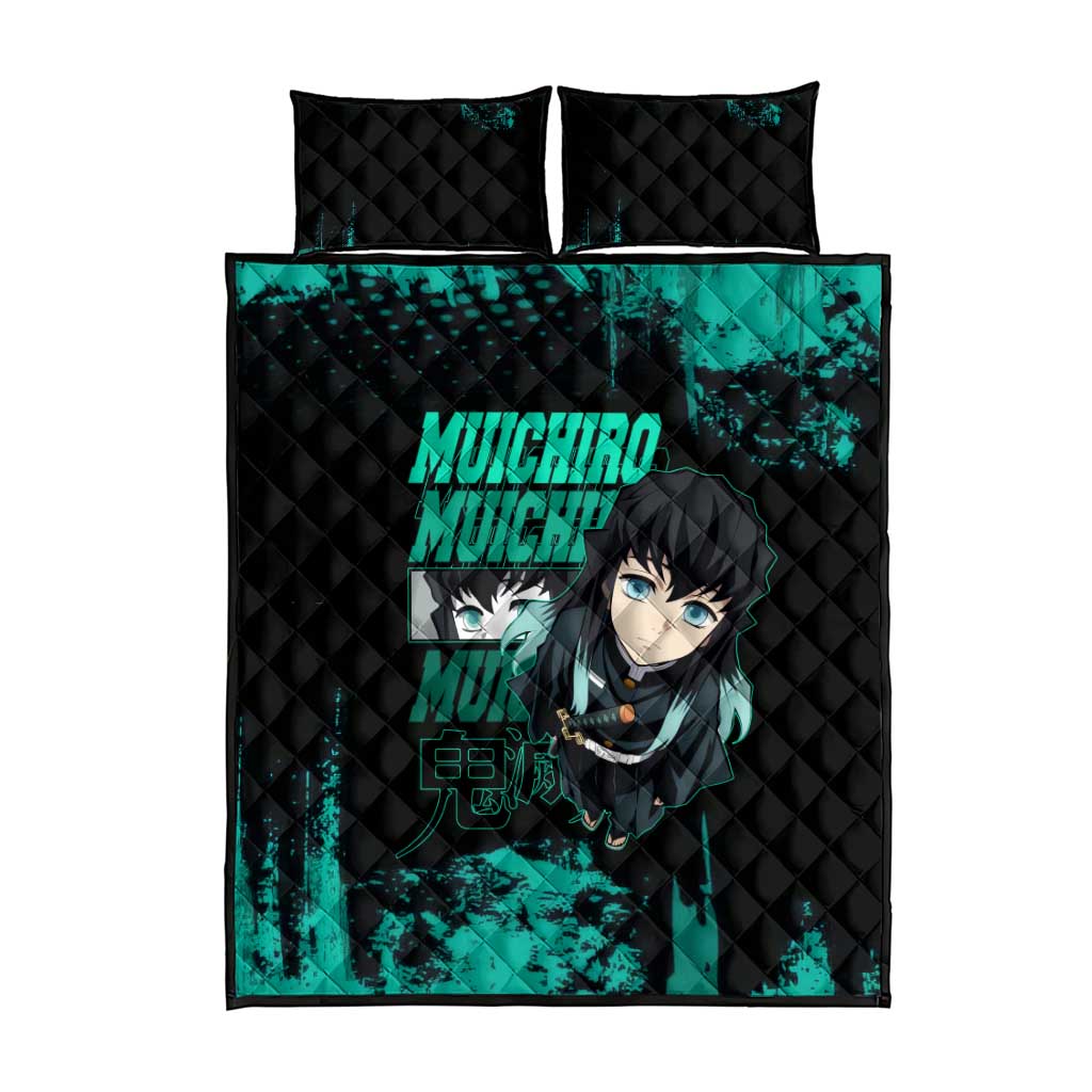 Muichiro Tokito Demon Slayer Green and Black Grunge Style Quilt Bed Set with Mist Hashira Eyes and Bold Typography - The Mazicc