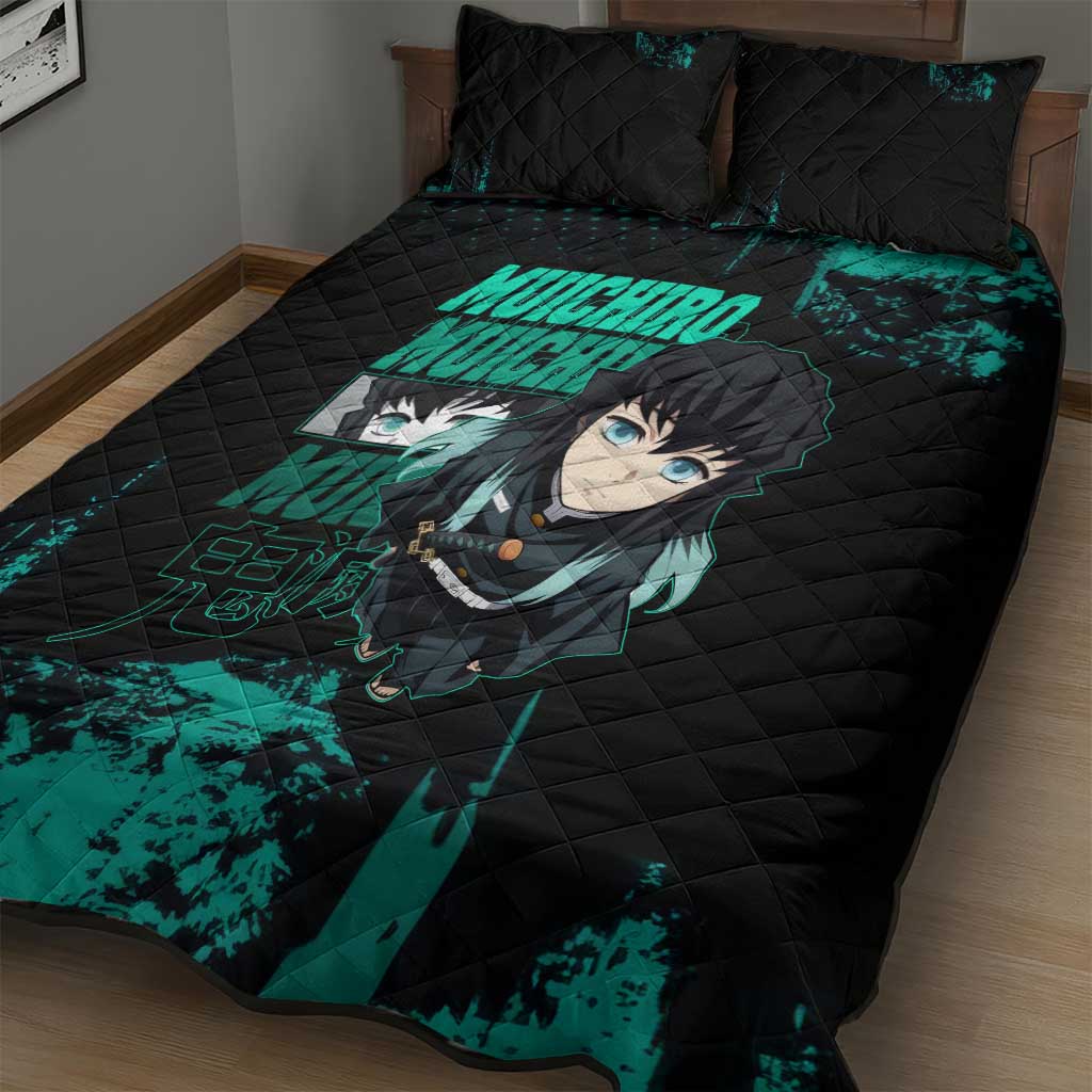 Muichiro Tokito Demon Slayer Green and Black Grunge Style Quilt Bed Set with Mist Hashira Eyes and Bold Typography - The Mazicc