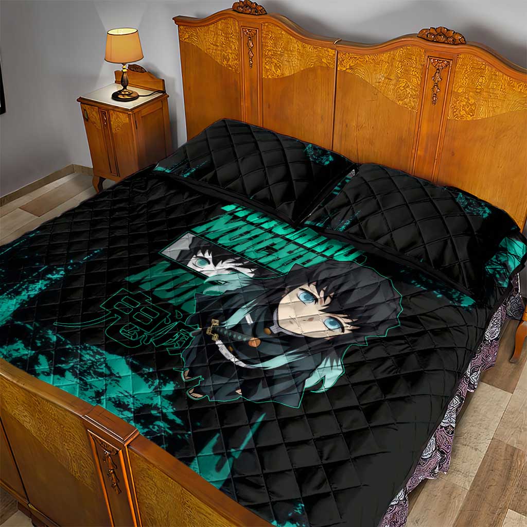 Muichiro Tokito Demon Slayer Green and Black Grunge Style Quilt Bed Set with Mist Hashira Eyes and Bold Typography - The Mazicc