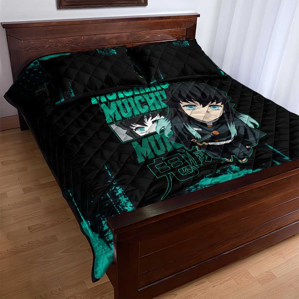 Muichiro Tokito Demon Slayer Green and Black Grunge Style Quilt Bed Set with Mist Hashira Eyes and Bold Typography - The Mazicc