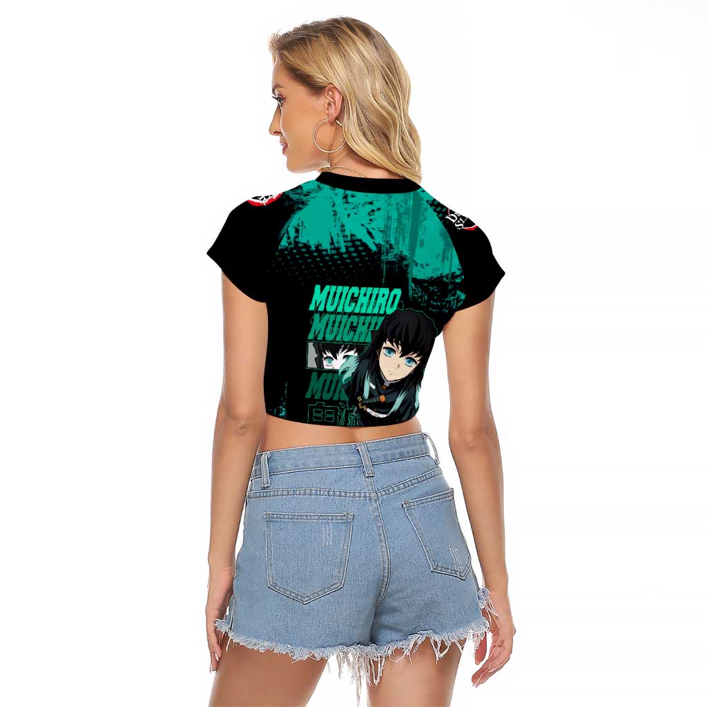 Muichiro Tokito Demon Slayer Green and Black Grunge Style Raglan Cropped T Shirt with Mist Hashira Eyes and Bold Typography - The Mazicc