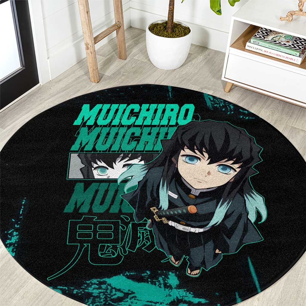 Muichiro Tokito Demon Slayer Green and Black Grunge Style Round Carpet with Mist Hashira Eyes and Bold Typography - The Mazicc