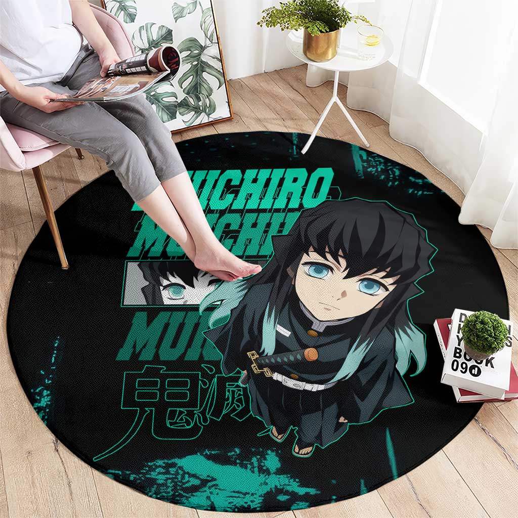 Muichiro Tokito Demon Slayer Green and Black Grunge Style Round Carpet with Mist Hashira Eyes and Bold Typography - The Mazicc