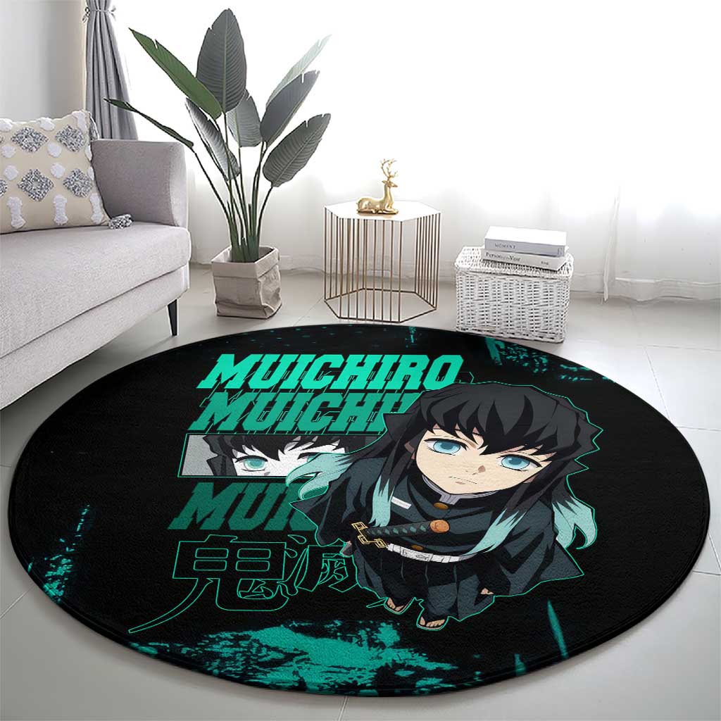 Muichiro Tokito Demon Slayer Green and Black Grunge Style Round Carpet with Mist Hashira Eyes and Bold Typography - The Mazicc