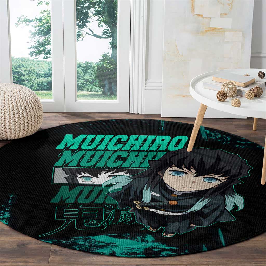 Muichiro Tokito Demon Slayer Green and Black Grunge Style Round Carpet with Mist Hashira Eyes and Bold Typography - The Mazicc
