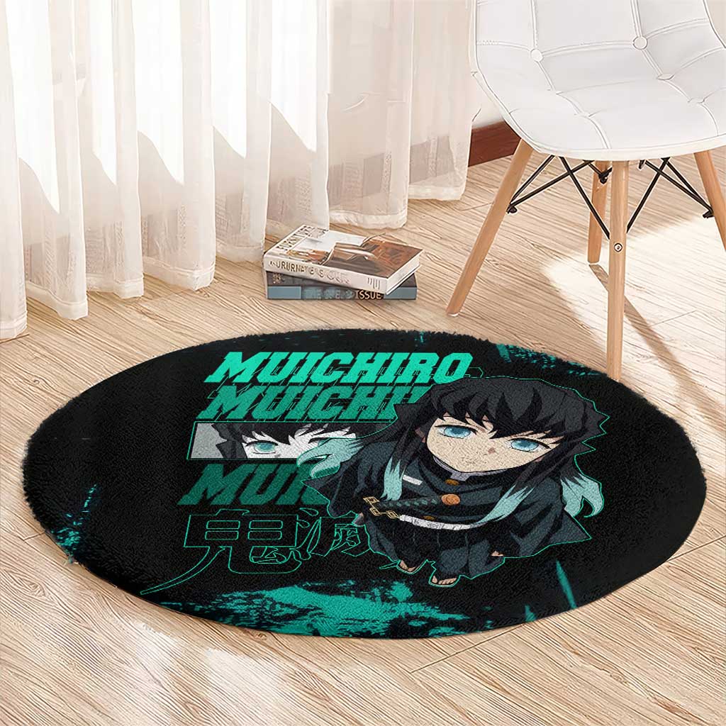 Muichiro Tokito Demon Slayer Green and Black Grunge Style Round Carpet with Mist Hashira Eyes and Bold Typography - The Mazicc