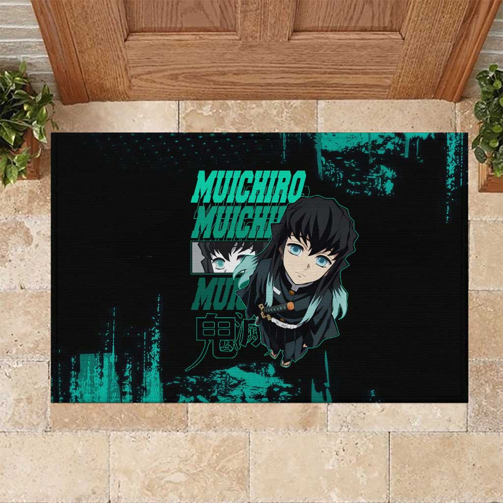 Muichiro Tokito Demon Slayer Green and Black Grunge Style Rubber Doormat with Mist Hashira Eyes and Bold Typography - The Mazicc