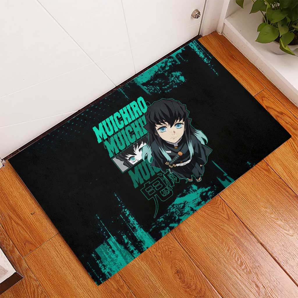 Muichiro Tokito Demon Slayer Green and Black Grunge Style Rubber Doormat with Mist Hashira Eyes and Bold Typography - The Mazicc